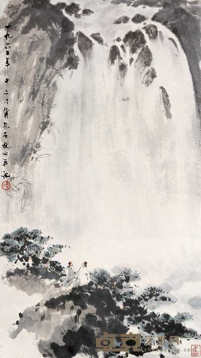 傅抱石 1962年作 观瀑图 立轴 68×38cm